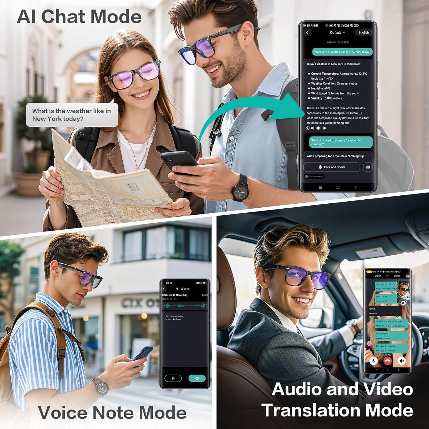 AI Smart Glasses, Bluetooth Glasses with 163 Translation, Anti-Blue Light Glasses for Men Women, 7 Day Ultra-Long Standby, UV Protection, Waterproof, Wireless Music & Calls, Voice Control Glasses - Image 2