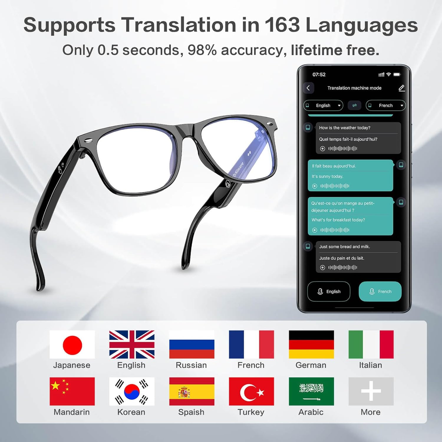 AI Smart Glasses, Bluetooth Glasses with 163 Translation, Anti-Blue Light Glasses for Men Women, 7 Day Ultra-Long Standby, UV Protection, Waterproof, Wireless Music & Calls, Voice Control Glasses - Image 4