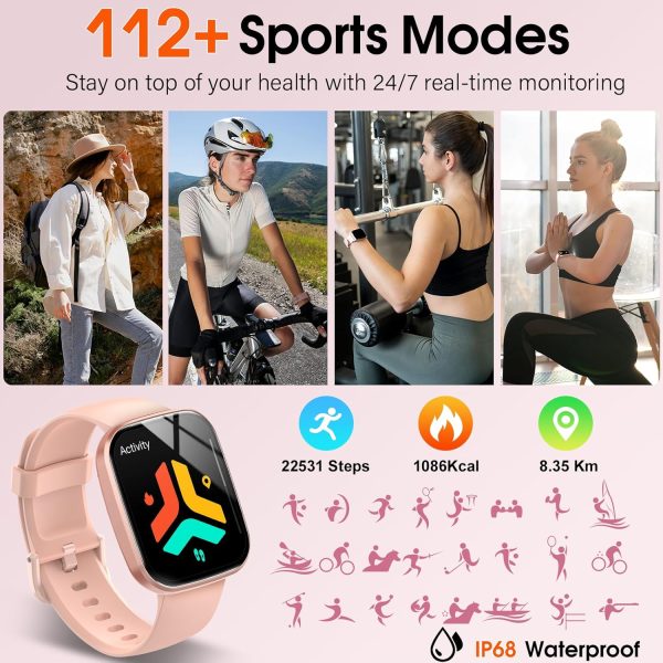 Smart Watch, 1.91" HD Screen Smartwatch for Men Women, Fitness Watch with Heart Rate/Sleep Monitor/Steps Monitor, 110+ Sports Modes, IP68 Waterproof Activity Trackers Pink - Image 3