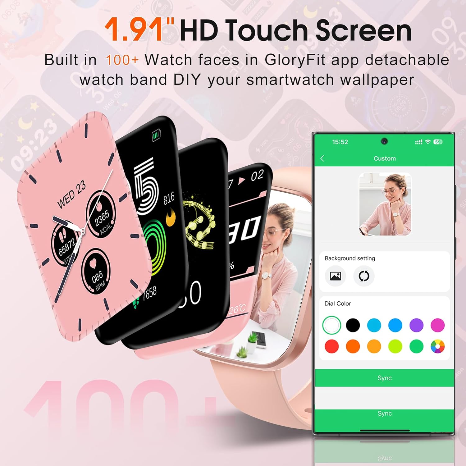 Smart Watch, 1.91" HD Screen Smartwatch for Men Women, Fitness Watch with Heart Rate/Sleep Monitor/Steps Monitor, 110+ Sports Modes, IP68 Waterproof Activity Trackers Pink - Image 6